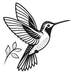 Obraz premium Elegant hummingbird soars near a small branch with leaves in monochrome illustration