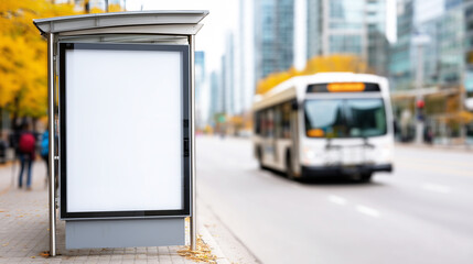 Blank billboard mock-up at bus stop in city street providing advertising space