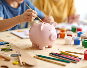 Child Engaged in Creative Craft Activity Using Piggy Bank as Canvas
