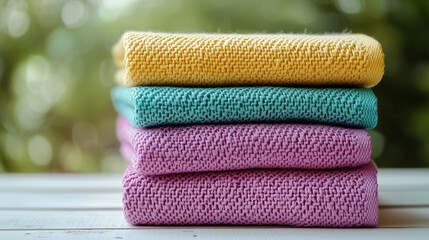 Stack of Colorful Folded Towels. Stack of soft folded towels in yellow, turquoise, and pink colors placed on a white wooden surface with a blurred background.