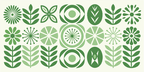 Green floral pattern with geometric shapes and stylized flowers and leaves in a grid arrangement