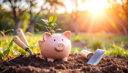 Charming Piggy Plant Pot Surrounded by Garden Beauty at Sunset