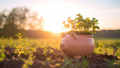Creative Piggy Pot Filled with Lush Greenery in Sunrise Light