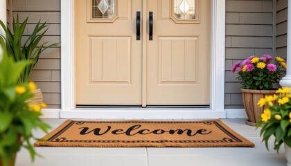 Welcome mat on a porch with flowers and inviting double doors.