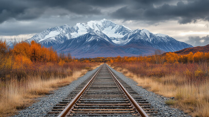 Fototapeta premium Railway Track Leading to Snowy Mountain. Railway track stretching into distance toward snow-capped mountain, surrounded by autumn trees under dramatic cloudy sky, symbolizing travel and adventure.