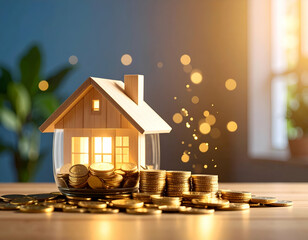 Custom Home Savings Concept with Coins and Wooden House Model
