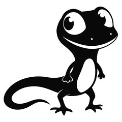 Happy cartoon lizard with large eyes smiles cheerfully on white background in black and white