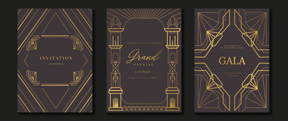 Luxury wedding invitation card background vector. Golden elegant gold wavy lines on brown background. Premium design illustration for wedding and vip cover template, banner, poster.