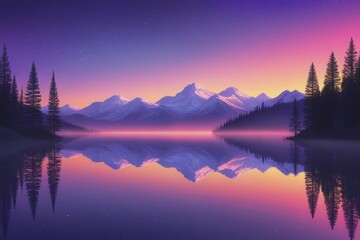Fototapeta premium Pixel Art Sunset Serene Mountain Lake Reflection
