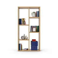 Wooden Bookshelf with Books, Trophies, and Decor Items Isolated on Transparent Background