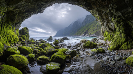 Waves crash against rocks as sunlight illuminates a mossy cave overlooking a tranquil sea surrounded by breathtaking cliffs