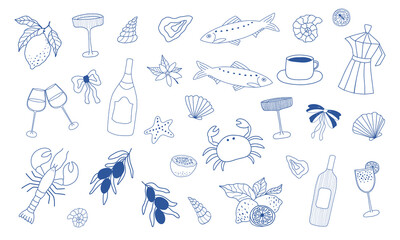 Minimalist line art. Hand drawn summer illustration set. Italian dolce vita. Vine, lemon, cocktails, sardines, seashells in doodle sketch style. Drawing ink. Concept vacation ocean and travel. Vector