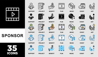 SPONSOR icon set with various styles and colors of Sponsor banner web icon vector illustration concept with icon of support, project, benefit, art, event, music, sport, and film