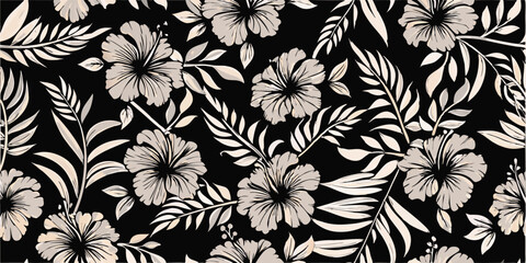 Floral pattern with hibiscus flowers and leaves in white on a black background seamless design element