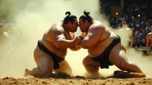 Intense showdown between two sumo wrestlers in slow motion during traditional match in Japan
