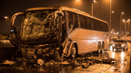 A severely damaged bus lies on the highway at night, surrounded by debris and rain, following a traffic accident in poor visibility