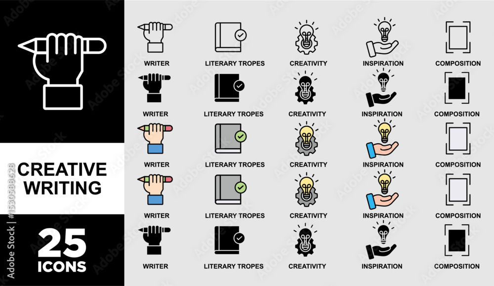 Poster creative writing icon set with various styles and colors of creative writing banner web icon vector 