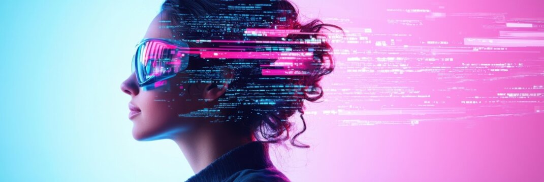 A futuristic profile of a woman wearing AR glasses with digital data streams flowing from her head, symbolizing technology and virtual reality immersion.
