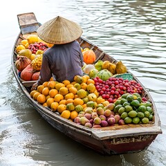 Floating fruit vendor selling produce from wooden boat in Thailand