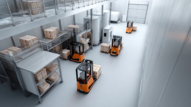 Fototapeta A highangle view of a synchronized convoy of selfdriving forklifts navigating intricate routes in a subzero environment showcasing the precision of automated material handling in a