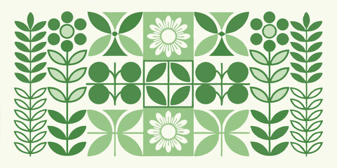 Green floral pattern with circles, leaves and flowers in a symmetrical arrangement and light background
