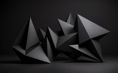An abstract sculpture composed of sharp, dark geometric forms is presented against a black background.
