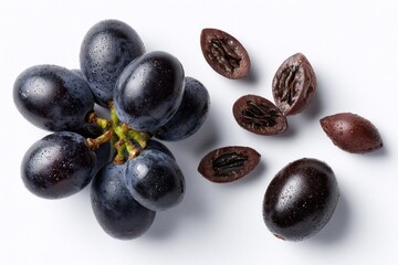 Obraz premium Dark purple grapes and seeds on white
