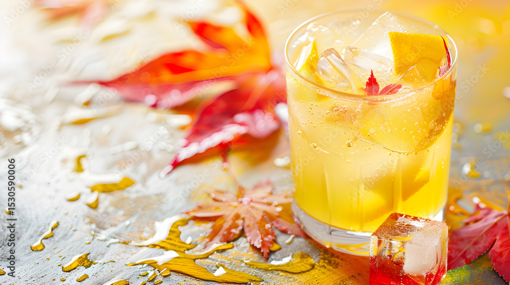 Poster a refreshing yellow drink with ice cubes and maple leaves on a wet surface in a bright setting