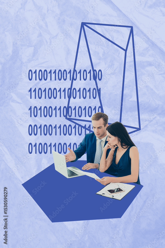 Poster trend composite sketch photo collage of team programmer young lady man work laptop code number zero 