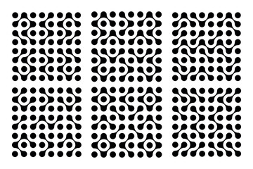Set of abstract patterns from black connected dots, metabol. Minimalist pattern from circles, dots. Dot movement icon. Isolated vector illustration on white background for banners, stickers, prints, p