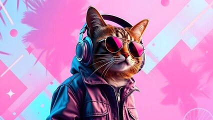 Cool Cat DJ Illustration with Headphones, Sunglasses and Retro Vaporwave Background