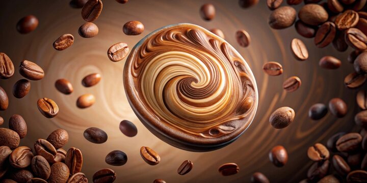 A swirling vortex of rich creamy coffee, suspended amidst a flurry of roasted beans, creating a captivating image of aromatic caffeinated bliss.