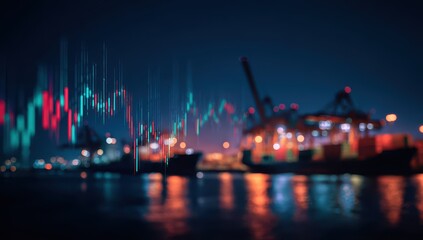 Blurred night port scene with stock charts overlaid