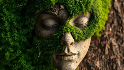 Earth Face Sculpture with Green Moss - Environmental Concept Illustration
