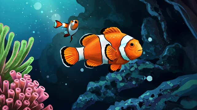 Cartoon clownfish swims near coral reef with another small one