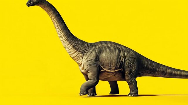 Large gray dinosaur stands tall against a vibrant yellow background The long necked creature dominates the frame showcasing its imposing size in a minimal setting