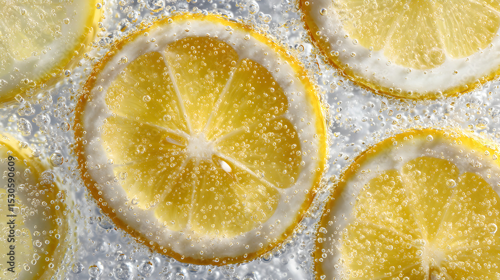 Poster close up of lemon slices submerged in sparkling water with bubbles surrounding the citrus fruit