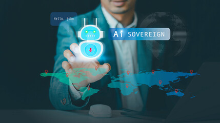Sovereign AI assistant interaction concept. Digital infrastructure, GPU, agentic AI systems can perform tasks and make decisions on various events, productivity tools, chatbots, and Key Takeaway