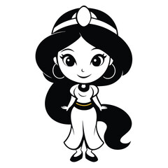 Jasmine princess in black and white poses elegantly in a cartoonish style