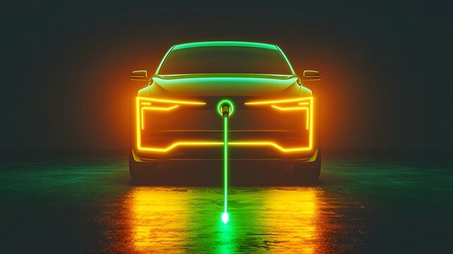 Glowing electric vehicle charging station in neon lights