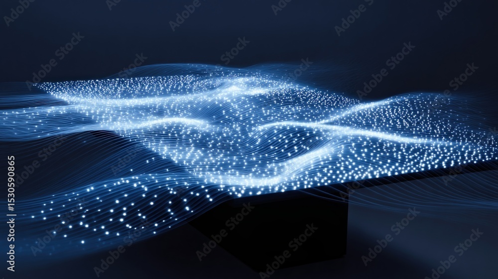 Poster a mesmerizing 3d terplot is projected from a matte black table where radiant points of light swarm a