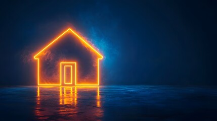 Glowing house icon reflected in water