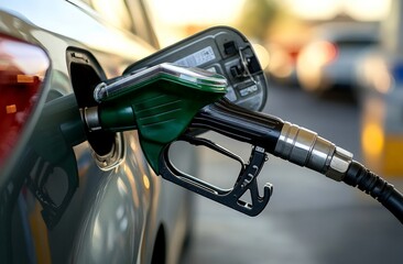 Closeup View Of Green Fuel Pump Filling Gray Car