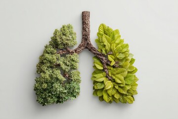 Lungs formed from intertwined trees, one healthy, one less so, symbolizing environmental impact