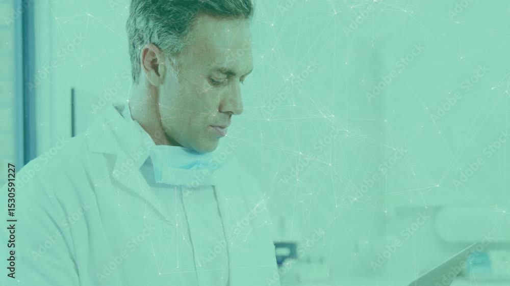Poster lab technician tapping tablet screen reviewing medical data while animated charts floating