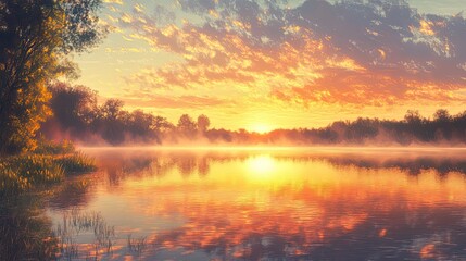 Obraz premium Serene sunrise over a tranquil lake