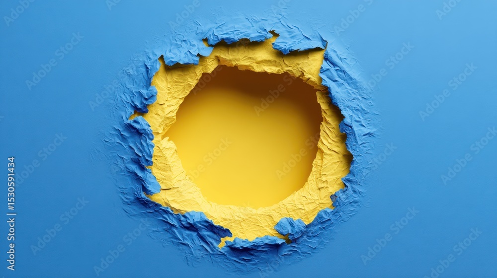 Aufkleber abstract image showing a circular hole in blue textured paper revealing a yellow background the hole