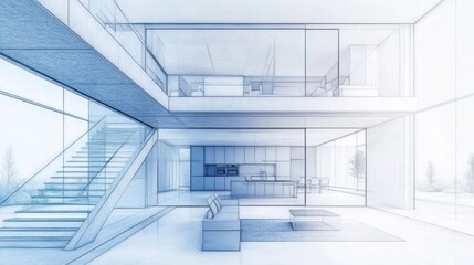 Fototapeta premium Architectural blueprint sketch of a modern house interior.
