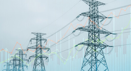 Silhouette Of Power Transmission Towers Against A Background Of Economic Charts Depicting Rising Trends And Business Growth