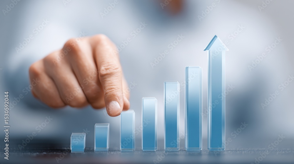 Poster hand interacting with a translucent blue 3d bar graph showing upward growth trend an arrow pointing 
